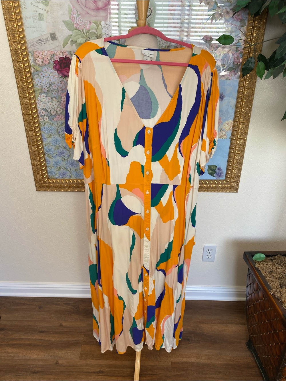 Ava & Viv Button-Front Maxi Dress in Cream, Orange, Green, Blue & Purple